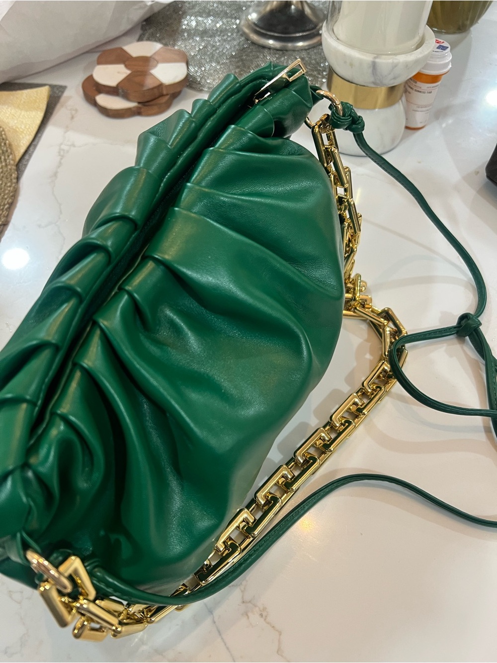 Green Ruched Shoulder Bag with Gold Chain
